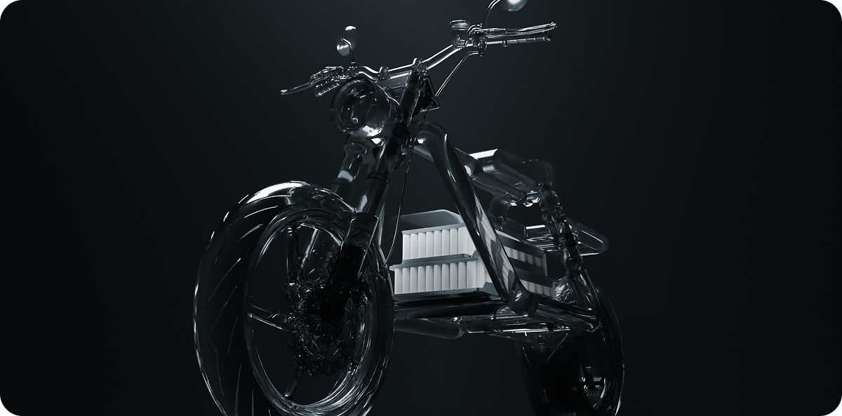 Rectangle 316 A transparent glass motorcycle displayed on a dark background. The motorcycle showcases intricate detailing with visible internal components, emphasizing a modern and sleek design.