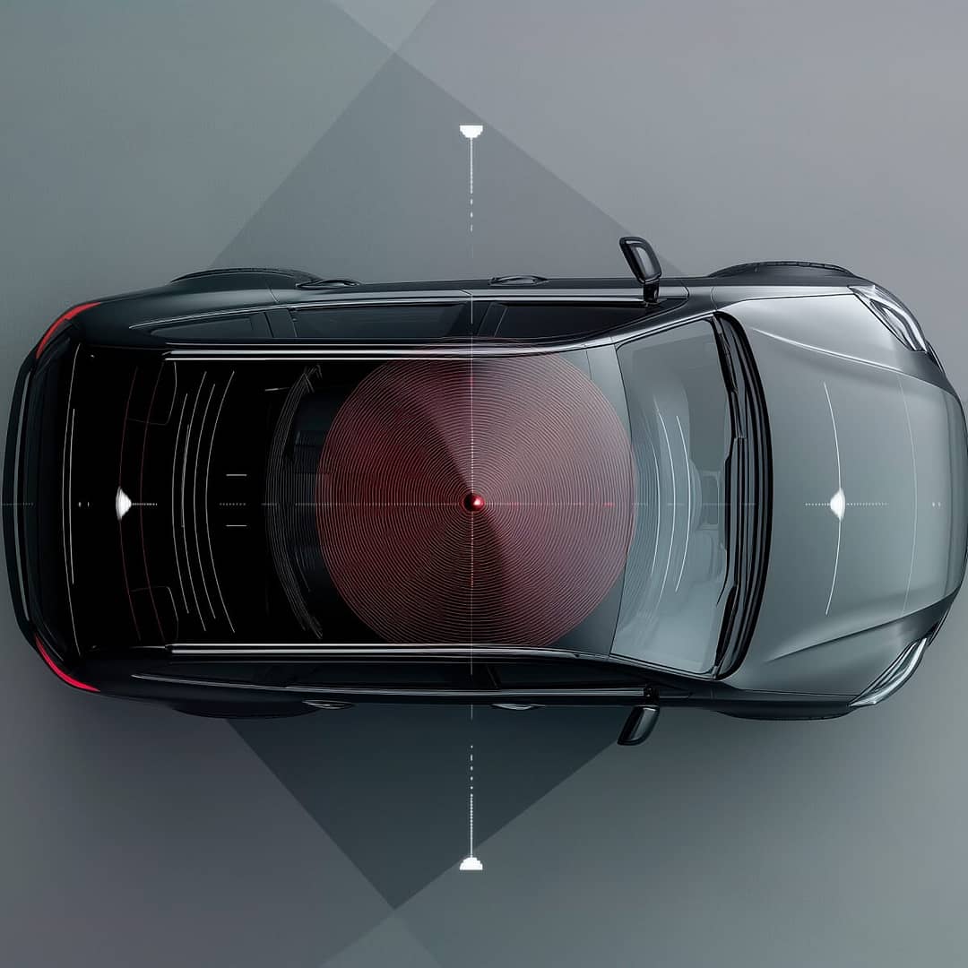 Top view of a car with digital overlay displaying sensors and detection range from its roof. The car is surrounded by geometric shapes indicating the areas covered by its proximity sensors. The background is a subtle gradient.