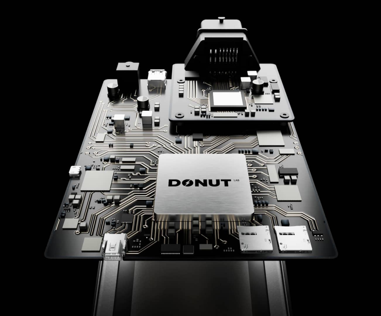 energy-efficient-design Close-up of a computer circuit board with various components. A central chip is labeled "DONUT," and intricate circuitry is visible. The background is a dark gradient, highlighting the board's design.