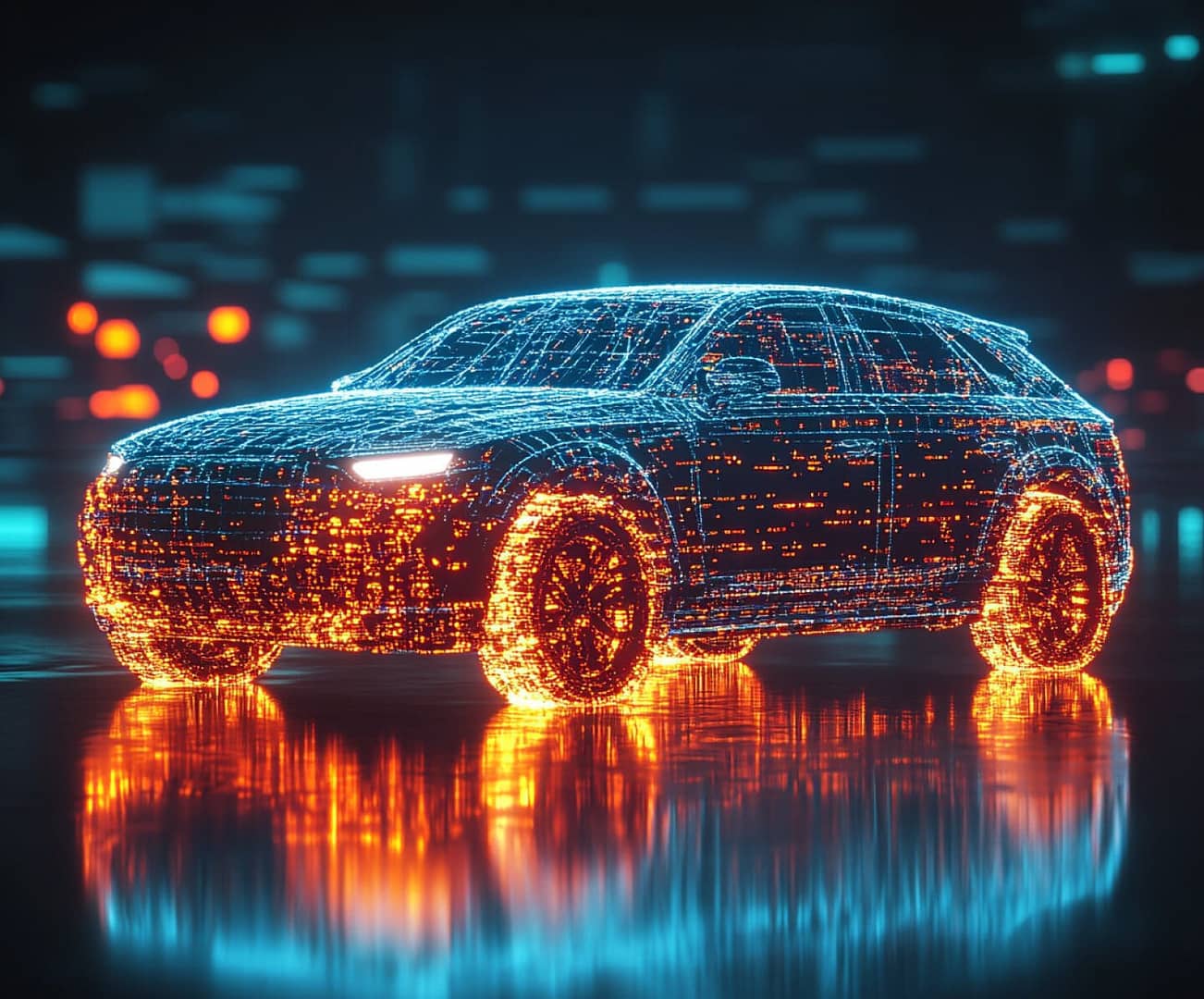 software-drivers A futuristic car is depicted as a glowing digital hologram, with blue and orange lights forming its shape. It appears against a dark, abstract background with reflections on the ground, resembling a vibrant technological landscape.