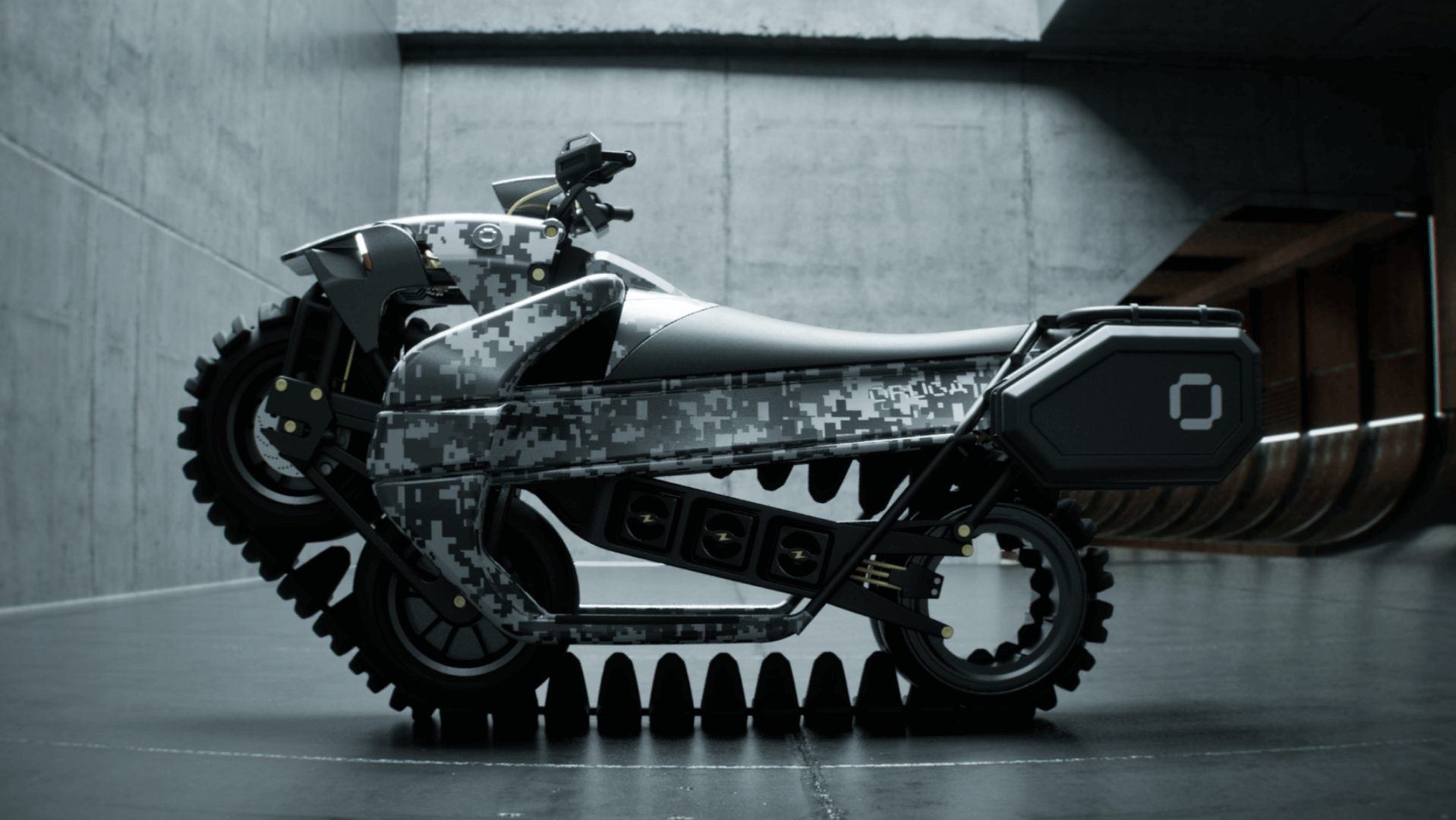 Rectangle 260 (1) A futuristic motorcycle with a digital camouflage pattern is parked indoors. It features unique, gear-like wheels and has angular design elements, set against a backdrop of concrete walls and a wooden ramp.