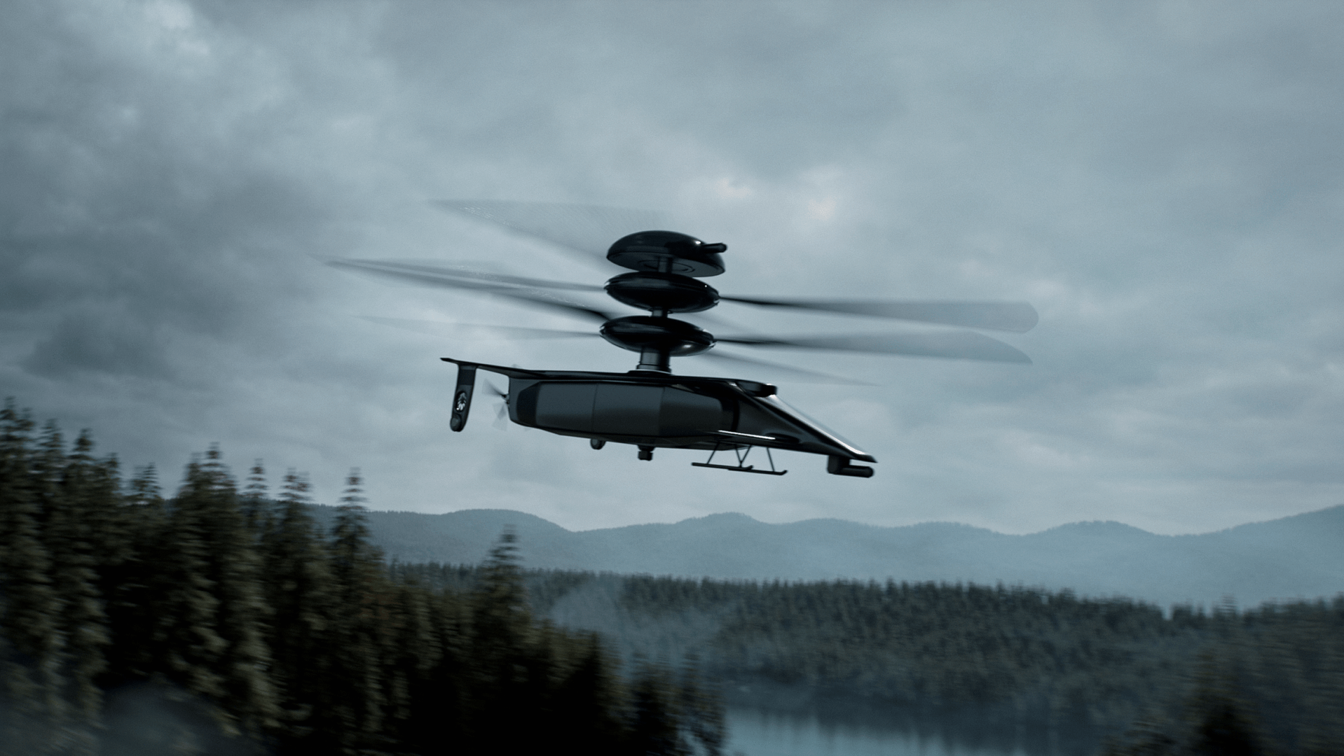 Rectangle 264 (1) A futuristic helicopter with dual rotors flies over a dense pine forest, set against a backdrop of misty mountains and a cloudy sky.