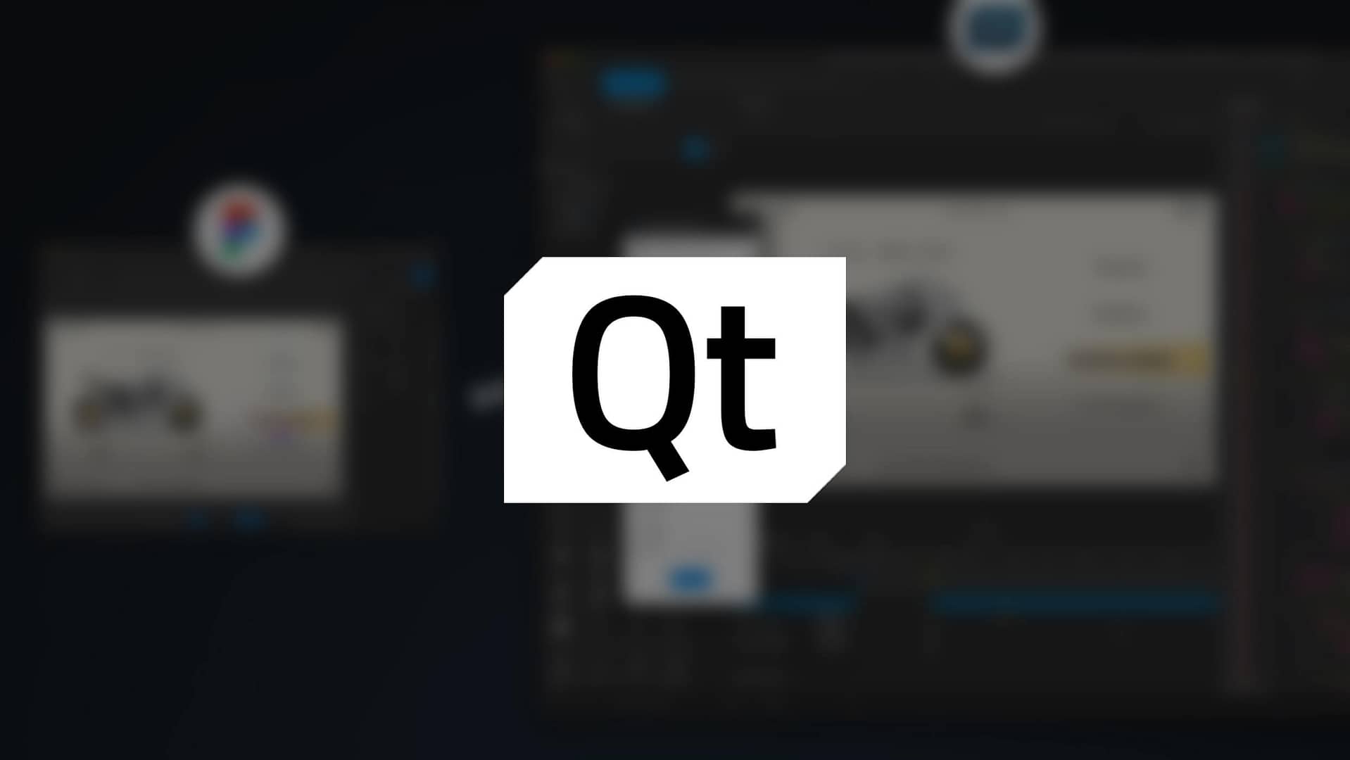 integration-with-qt The image features the Qt logo prominently in the center against a blurred background of software interface screenshots. Qt is a popular framework for building cross-platform applications.