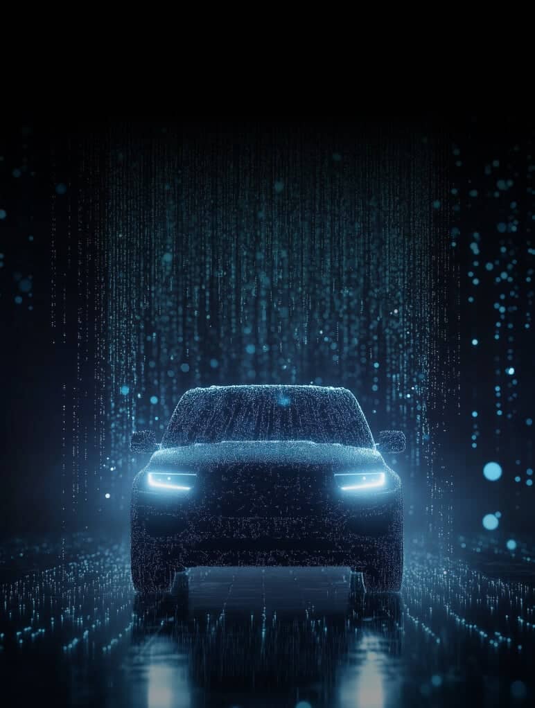 A car with illuminated headlights is outlined in a digital rain effect, reminiscent of a futuristic or cybernetic aesthetic, set against a dark background. The scene evokes a sense of technology and innovation.