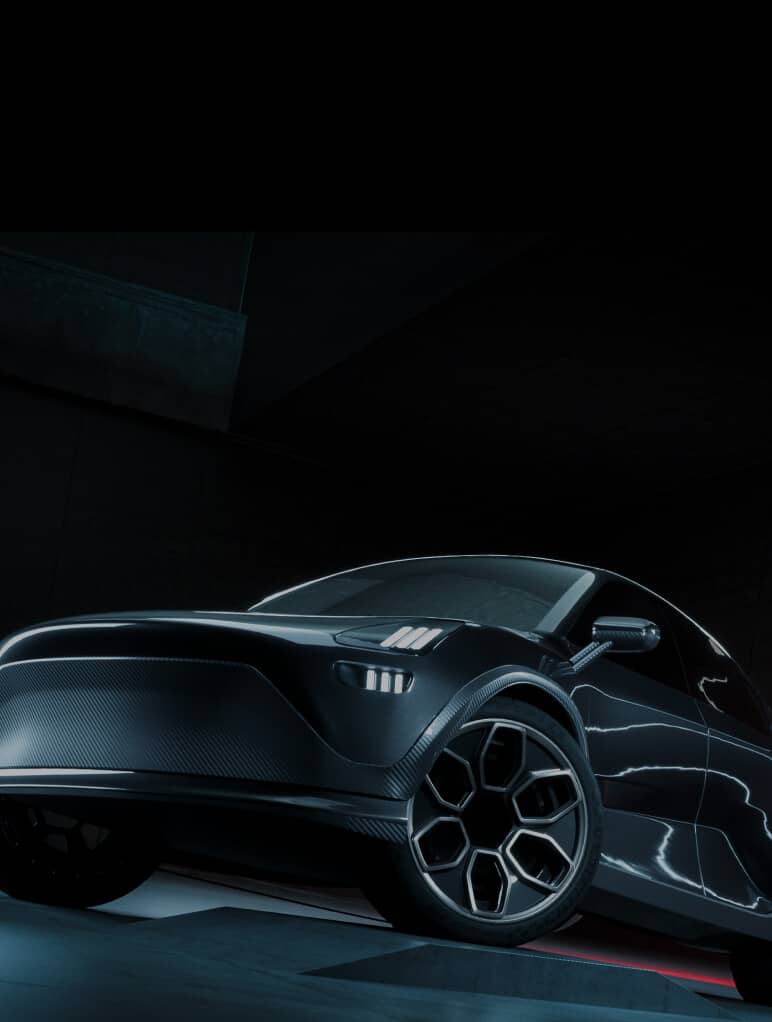 A sleek, futuristic electric car in a dimly lit garage. The car features a smooth, aerodynamic design with distinctive hexagonal wheel rims and illuminated details, highlighting its modern look.