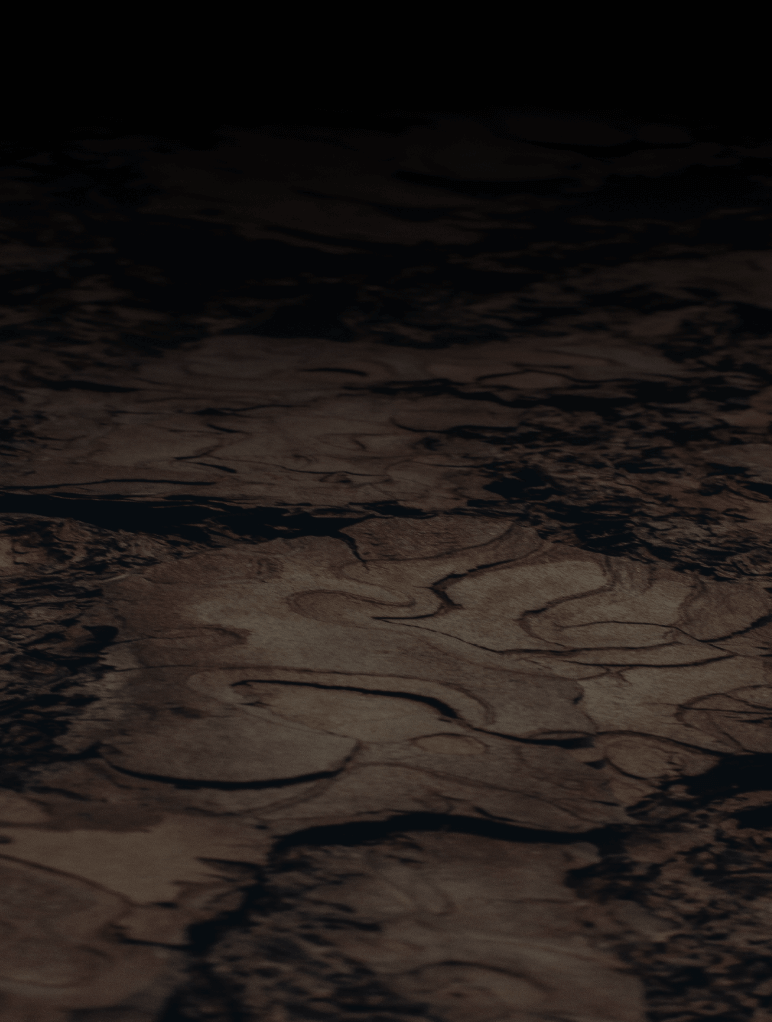 Aerial view of a dark, textured surface resembling cracked, wavy patterns. The landscape is shadowy, suggesting a barren or dried terrain under low light conditions.