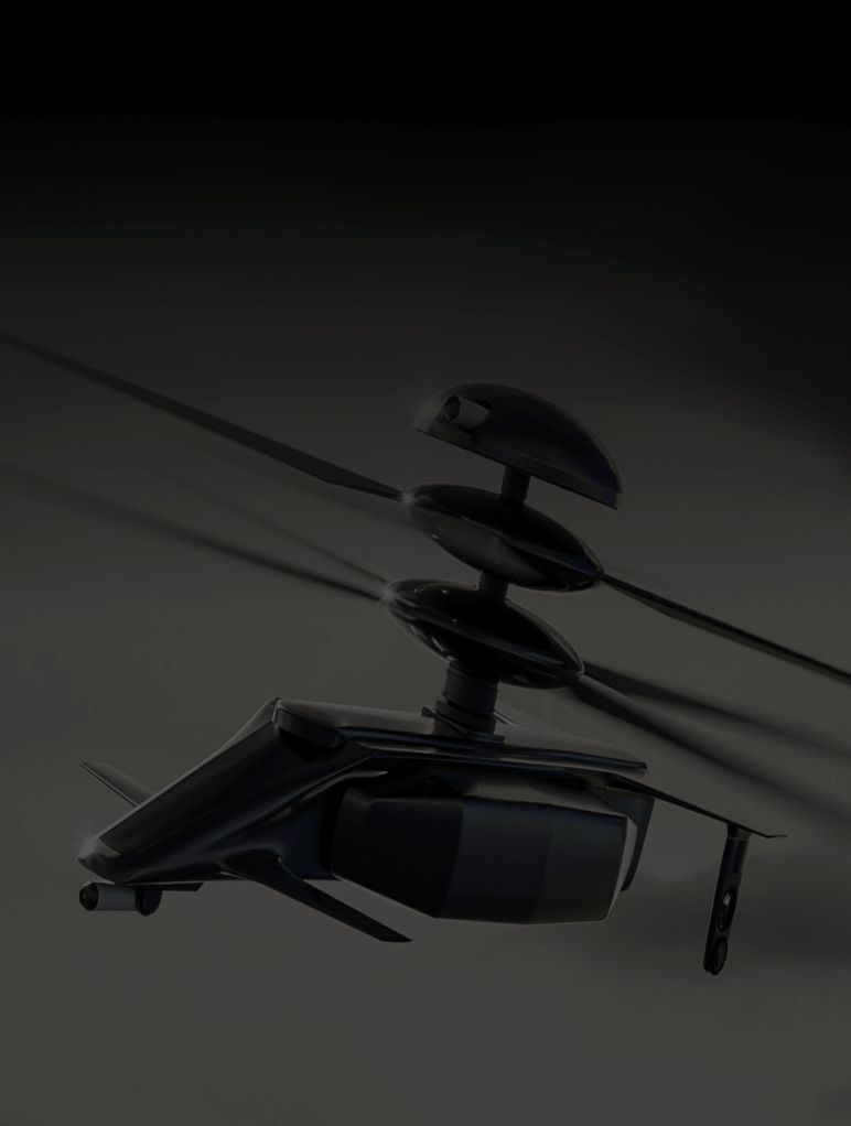 The image shows a sleek, black futuristic drone with dual rotor blades and angular design elements, flying against a dark background.