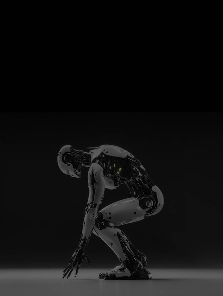 A sleek humanoid robot crouches low on a metallic surface against a dark background, its mechanical components and joints visible. The scene conveys a futuristic and advanced technological theme.