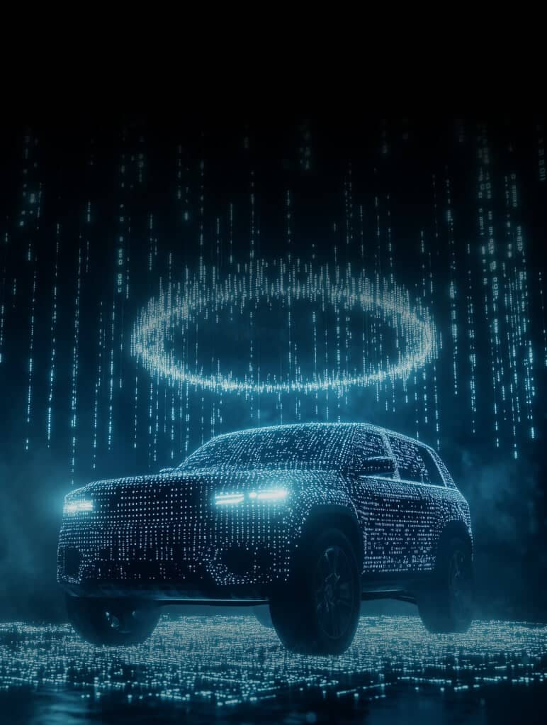 A digital rendering of a futuristic car made of illuminated lines and dots, with glowing headlights and a halo-like ring above it. The background features vertical streams of light, creating a high-tech, sci-fi atmosphere.