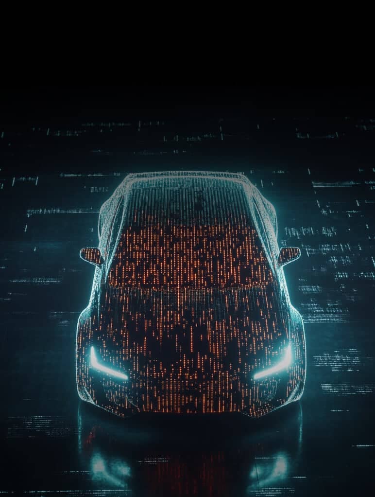 A futuristic car outlined in glowing blue and orange digital lines stands against a dark backdrop. The car's headlights are illuminated, and the design suggests a high-tech or digital visualization concept.