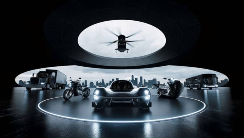 Futuristic scene featuring a sports car under a spotlight, surrounded by a truck, two motorcycles, and a bus. A helicopter hovers above, with a city skyline in the background. The setting is dark and dramatic.
